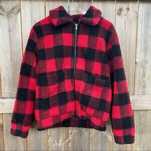 Elodie Buffalo Plaid Teddy Jacket Fuzzy Cozy Faux Shearling Red Black Sz XS  NWT